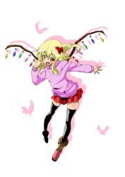 Rule 34 | 1girl, alternate costume, black thighhighs, blonde hair, blush, cross-laced footwear, crystal, female focus, flandre scarlet, long sleeves, naodx, open mouth, red eyes, side ponytail, slit pupils, solo, thighhighs, touhou, wings