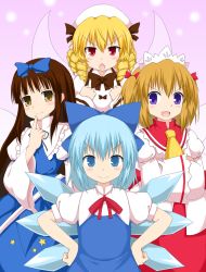 Rule 34 | &gt;:o, 4girls, :d, :o, blonde hair, blue eyes, blue hair, bow, brown hair, chestnut mouth, cirno, crossed arms, drill hair, fang, fenikkusu takahashi, hair bow, hands on own hips, highres, long hair, luna child, multiple girls, open mouth, red eyes, short hair, smile, star sapphire, sunny milk, touhou, twintails, v-shaped eyebrows, wings, yellow eyes, yousei daisensou