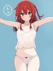 Rule 34 | 1girl, absurdres, aqua background, armpits, bare shoulders, blue background, blush, bocchi the rock!, bow, bow panties, breasts, brown eyes, camisole, collarbone, commentary, commentary request, cowboy shot, crop top, dot nose, gluteal fold, hair between eyes, hands up, highres, incoming hug, kita ikuyo, looking at viewer, medium breasts, medium hair, midriff, navel, no pants, one side up, outstretched arms, panties, red hair, revision, sidelocks, simple background, solo, spaghetti strap, speech bubble, thigh gap, thighs, ukitaryu, underwear, underwear only, white camisole, white panties