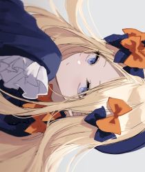 Rule 34 | abigail williams (fate), bad id, bad twitter id, black bow, black dress, blonde hair, bloomers, blue eyes, bow, closed mouth, commentary request, dress, exif rotation, expressionless, fate/grand order, fate (series), forehead, grey background, hair bow, highres, light blush, long hair, looking at viewer, multiple hair bows, nozz177, orange bow, parted bangs, polka dot, polka dot bow, portrait, purple bow, simple background, sleeves past fingers, sleeves past wrists, solo, underwear, very long hair, white bloomers