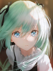 Rule 34 | 1girl, aqua hair, black ribbon, blue eyes, blurry, blurry background, commentary, depth of field, expressionless, hair ribbon, hatsune miku, highres, indoors, long hair, looking at viewer, ojay tkym, parted lips, portrait, resolution mismatch, ribbon, shirt, sidelighting, solo, source larger, twintails, vocaloid, white shirt