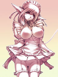 Rule 34 | 1girl, bdsm, bondage, bound, breastless clothes, breasts, cleft of venus, clothes lift, collar, elf, gradient background, hisahiko, large breasts, leash, maid, maid headdress, monochrome, nipples, no panties, original, pink eyes, pink theme, pointy ears, pussy, skirt, skirt lift, slave, solo, thighhighs, uncensored