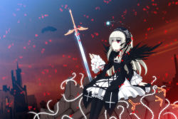 Rule 34 | 1girl, bad id, bad pixiv id, dress, embers, feathers, hairband, highres, long hair, looking up, red eyes, rozen maiden, silver hair, sitting, solo, suigintou, sword, uiu, weapon, wings