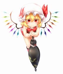 Rule 34 | 1girl, blonde hair, bow, clothes writing, crop top, crystal, fang, fingernails, flandre scarlet, hat, highres, leaning forward, leaning on object, looking at viewer, marukyuu ameya, mob cap, race queen, red eyes, red footwear, red shirt, red shorts, ribbon, shirt, short hair, short shorts, shorts, skin fang, sleeveless, sleeveless shirt, smile, solo, touhou, umbrella, wings