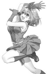 Rule 34 | 1girl, arm up, blush, breasts, from side, gloves, go-toubun no hanayome, greyscale, hair between eyes, hair ribbon, highres, holding, holding microphone, idol, idol clothes, jumping, loafers, looking at viewer, medium breasts, microphone, miniskirt, monochrome, nakano yotsuba, open mouth, pleated skirt, ribbon, shirt, shoes, short hair, simple background, skirt, sleeveless, sleeveless shirt, socks, solo, white background, yu (flowerbird3830)