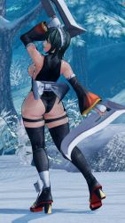 Rule 34 | 1girl, 3d, apron, ass, black hair, black leotard, breasts, butterfly swords, curvy, forest, highleg, highleg leotard, highres, holding, holding weapon, huge ass, iroha (samurai spirits), large breasts, leotard, leotard under clothes, lips, looking to the side, maid, maid headdress, nature, ryona, samurai spirits, screencap, shiny skin, short hair, skindentation, solo, thighhighs, third-party edit, thong leotard, weapon, wide hips
