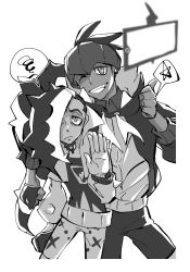 Rule 34 | 2boys, choker, creatures (company), cropped jacket, dark-skinned male, dark skin, fang, game freak, gloves, greyscale, gym leader, hair over one eye, hat, highres, male focus, monochrome, multiple boys, nintendo, pants, partially fingerless gloves, piers (pokemon), pokemon, pokemon swsh, raihan (pokemon), simple background, single glove, spoken squiggle, spoken star, squiggle, star (symbol), sunny (gogo18), taking picture, thumbs up, white background