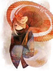 Rule 34 | 1girl, absurdres, blonde hair, blue kimono, dated, floral print, flower (symbol), fox mask, fox tail, hair over one eye, highres, holding, holding umbrella, japanese clothes, kimono, long hair, long sleeves, looking at viewer, mask, mask on head, oil-paper umbrella, orange eyes, orange umbrella, original, parted lips, sanshichi fu, scarf, simple background, solo, tail, umbrella, upper body, white tail, wide sleeves