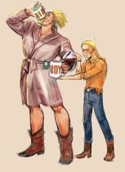 Rule 34 | 2boys, absurdres, alternate costume, asgeir, blonde hair, boots, coffee mug, cup, denim, drinking, exhausted, facial hair, full body, goatee, headband, height difference, highres, holding, holding cup, jeans, long hair, male focus, mature male, mug, mug writing, multiple boys, mustache, pants, pouring, robe, shantirittgers, short hair, sleep bubble, standing, thorkell, vinland saga, waking up