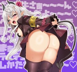 Rule 34 | 1girl, ass, bebebe (pepegakii), black thighhighs, breasts, demon girl, demon horns, demon tail, from behind, highres, horns, large breasts, leaning forward, long hair, long sleeves, looking at viewer, pasties, pink eyes, pointy ears, smile, solo, standing, tail, tama project, tape, tape on nipples, thick thighs, thighhighs, thighs, virtual youtuber, white hair, yamada tutur