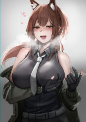 Rule 34 | 1girl, :d, animal ear fluff, animal ears, arknights, bare shoulders, belt, between breasts, black gloves, black shirt, blush, breasts, brown eyes, brown hair, coat, collared shirt, commentary, covered erect nipples, english commentary, fox ears, franka (arknights), gloves, grabbing own breast, gradient background, green coat, grey background, heart, heavy breathing, highres, krirk, large breasts, long hair, long sleeves, looking at viewer, necktie, necktie between breasts, nose blush, off shoulder, open clothes, open coat, open mouth, partially fingerless gloves, ponytail, shirt, sidelocks, smile, solo, upper body, white necktie