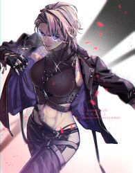 Rule 34 | 1girl, abs, arm tattoo, belt, black gloves, black jacket, black pants, black shirt, blue eyes, breasts, chest harness, claws, commentary request, crop top, gloves, grey hair, harness, highleg, highleg panties, highres, jacket, large breasts, looking at viewer, medium hair, midriff, nashimoto tsumire, open clothes, open jacket, panties, pants, parted lips, path to nowhere, shirt, shoulder tattoo, sleeveless, sleeveless shirt, solo, tattoo, toned female, underwear, white background, zoya (path to nowhere)