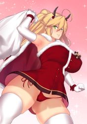 Rule 34 | 1girl, antlers, armpits, artoria pendragon (fate), artoria pendragon (lancer) (fate), aster crowley, blonde hair, breasts, cameltoe, cleft of venus, commentary request, curvy, dress, elbow gloves, fate/grand order, fate (series), gloves, gluteal fold, grin, hair between eyes, highres, horns, huge breasts, long hair, looking at viewer, panties, ponytail, red dress, red panties, reindeer antlers, sack, sleeveless, sleeveless dress, smile, solo, thighhighs, underwear, very long hair, white gloves, white thighhighs