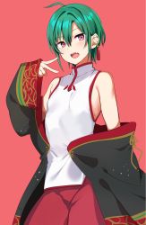 Rule 34 | ahoge, androgynous, bad id, bad twitter id, bare shoulders, chinese clothes, earrings, gender request, green hair, highres, jewelry, konbu wakame, long sleeves, nijisanji, off shoulder, purple eyes, red background, ryuushen, short hair, simple background, solo, v, virtual youtuber