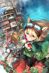 Rule 34 | 2girls, absurdres, animal ears, black pants, blonde hair, blush, bodysuit, breasts, brown eyes, brown hair, building, cleavage, closed mouth, goggles, goggles on head, grin, hair between eyes, hat, highres, long hair, looking at viewer, multiple girls, original, outdoors, pants, plant, red eyes, red scarf, riding, scarf, small breasts, smile, standing, vines, wide sleeves, yunar