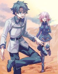 Rule 34 | 1boy, 1girl, armor, armored boots, artist request, bare shoulders, belt, belt buckle, black armor, black belt, black gloves, black hair, blue eyes, boobplate, boots, breastplate, buckle, chaldea logo, chaldea uniform, cloud, commentary request, desert, detached sleeves, fate/grand order, fate (series), fujimaru ritsuka (male), gauntlets, gloves, hair between eyes, hair over one eye, highres, holding, holding shoes, jacket, light purple hair, long sleeves, looking at viewer, mash kyrielight, open mouth, outdoors, pants, purple eyes, removing shoes, sand, shoes, short hair, sky, smile, uniform, white jacket