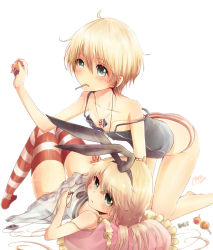Rule 34 | 10s, 2girls, adapted costume, all fours, aqua eyes, bad id, bad pixiv id, bare legs, blonde hair, blush, candy, digital media player, earbuds, earphones, food, hairband, jewelry, kantai collection, knees together feet apart, lollipop, long hair, looking at viewer, lying, mouth hold, multiple girls, nano (cherry line), necklace, on back, panties, pantyhose, pillow, pout, shimakaze (kancolle), short hair, strap slip, striped clothes, striped legwear, striped panties, striped thighhighs, tank top, thighhighs, underwear, white background, z1 leberecht maass (kancolle)