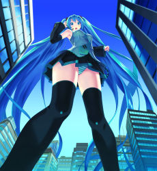 Rule 34 | 1girl, armpits, blush, city, female focus, from below, giant, giantess, hatsune miku, highres, legs, long hair, open mouth, panties, pantyshot, skirt, solo, striped clothes, striped panties, teston, thighhighs, underwear, upskirt, very long hair, vocaloid