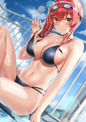 Rule 34 | 1girl, absurdres, ahoge, azur lane, bare arms, bare shoulders, bikini, black bikini, blurry, blush, breasts, brown eyes, cleavage, collarbone, commentary request, goggles, goggles on head, halterneck, hand up, highres, knee up, large breasts, long hair, looking at viewer, multi-strapped bikini, navel, o-ring, o-ring bikini, red hair, shocho, side ponytail, sidelocks, sitting, smile, solo, stomach, strap pull, swimsuit, user yjmv4437, water, wet, zara (azur lane), zara (poolside coincidence) (azur lane)
