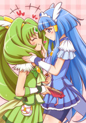 Rule 34 | 10s, 2girls, ^ ^, aoki reika, bike shorts, blue dress, blue eyes, blue hair, blue skirt, blunt bangs, blush, chocolate, choker, closed eyes, closed mouth, cure beauty, cure march, dress, eating, eyelashes, from side, green dress, green hair, hair ornament, hair tubes, half-closed eyes, happy, heart, height difference, kuga yoshito, long hair, looking at another, magical girl, midorikawa nao, multiple girls, pink background, pleated skirt, ponytail, precure, profile, shorts, shorts under skirt, skirt, smile, smile precure!, standing, tareme, tri tails, vest, wrist cuffs, yuri