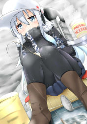 Rule 34 | 1girl, black coat, black pantyhose, blue eyes, blue skirt, blush, boots, box, brown footwear, bucket, camouflage, cloud, cloudy sky, coat, commentary request, covered mouth, day, dutch angle, earmuffs, english text, fish, fishing, fishing rod, frozen lake, fur trim, hair between eyes, hat, hibiki (kancolle), highres, ice, ice fishing, kantai collection, kashiwamochi (kashiwakashiwa), knee boots, long hair, long sleeves, nissin cup noodle, outdoors, panties, panties under pantyhose, pantyhose, pantyshot, sidelocks, silver hair, sitting, skirt, sky, solo, steam, underwear, upskirt, verniy (kancolle), white hat, winter clothes, winter coat