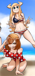 Rule 34 | 3girls, american flag bikini, armpits, artist request, barefoot, beach, bikini, blonde hair, boku no hero academia, breasts, cleavage, clenched hands, collarbone, day, feet, flag print, frilled one-piece swimsuit, frills, front-tie bikini top, front-tie top, full body, groin, hair over one eye, happy, highres, hooves, horns, komori kinoko, legs, long hair, looking at viewer, medium breasts, medium hair, midriff, monster girl, multiple girls, navel, neck, one-piece swimsuit, orange hair, outdoors, parted bangs, polka dot, polka dot swimsuit, red one-piece swimsuit, seductive smile, sidelocks, sitting, sky, smile, standing, summer, swimsuit, symbol-shaped pupils, thighs, toenails, toes, tokage setsuna, tongue, tongue out, tsunotori pony, v, wide-eyed, x-shaped pupils, yokozuwari