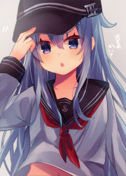 Rule 34 | 1girl, anchor symbol, arm up, black hat, black sailor collar, blue eyes, blue hair, blush, commentary request, ebihara beniko, flat cap, grey background, hair between eyes, hand on headwear, hat, hibiki (kancolle), highres, kantai collection, long hair, looking at viewer, navel, neckerchief, parted lips, red neckerchief, sailor collar, school uniform, serafuku, shirt, simple background, solo, translation request, upper body, very long hair, white shirt
