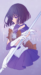 Rule 34 | 1girl, bishoujo senshi sailor moon, black hair, bow, brooch, brown bow, choker, cowboy shot, earrings, eclosion, elbow gloves, expressionless, gloves, jewelry, looking away, magical girl, pleated skirt, purple background, purple eyes, purple skirt, purple theme, sailor collar, sailor saturn, short hair, skirt, solo, staff, star brooch, tiara, tomoe hotaru, white gloves