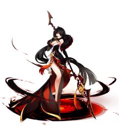 Rule 34 | 1girl, ara haan, artist request, asymmetrical clothes, black dress, black gloves, black hair, breasts, cleavage, devi (elsword), dress, elbow gloves, elsword, evil smile, feather boa, full body, gem, gloves, holding, holding polearm, holding spear, holding weapon, large breasts, legs, long hair, looking at viewer, nail polish, official art, orange eyes, polearm, side slit, smile, solo, spear, standing, tassel, transparent background, very long hair, weapon