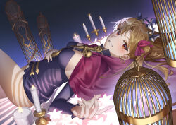 Rule 34 | 1girl, absurdres, blonde hair, breasts, cage, candelabra, candle, candlestand, cape, earrings, ereshkigal (fate), fate/grand order, fate (series), flower, hand on own stomach, highres, jewelry, long hair, lying, medium breasts, on back, red cape, smile, tiara, zero yee