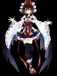 Rule 34 | 1girl, black background, black thighhighs, bow, brown hair, closed mouth, frilled skirt, frills, full body, geta, hat, highres, kourindou tengu costume, looking at viewer, nikorashi-ka, outstretched arms, pom pom (clothes), red bow, red eyes, red footwear, red hat, ribbon, ribbon-trimmed sleeves, ribbon trim, see-through silhouette, shameimaru aya, simple background, skirt, solo, spread arms, thighhighs, tokin hat, touhou, wide sleeves, wings