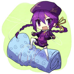 Rule 34 | &gt;:d, 00s, 1girl, :d, alternate costume, bad id, bad pixiv id, beret, chibi, cropped jacket, eltnum, fingerless gloves, gloves, hair ribbon, hat, melty blood, open mouth, purple eyes, purple hair, ribbon, sion eltnam atlasia, skirt, sleeping bag, smile, solo, string, sweater, thighhighs, tsukihime, under night in-birth, v-neck, v-shaped eyebrows, white thighhighs, yusano