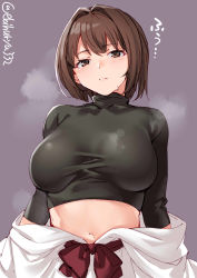 Rule 34 | 1girl, black shirt, blush, breasts, brown eyes, brown hair, ebifurya, highres, hyuuga (kancolle), japanese clothes, kantai collection, large breasts, navel, nontraditional miko, one-hour drawing challenge, purple background, shirt, short hair, simple background, skin tight, solo, steam, twitter username, undershirt, upper body