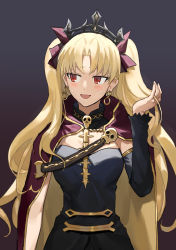Rule 34 | 1girl, absurdres, black dress, black headwear, black sleeves, blonde hair, blush, bow, cape, crown, ddukbaegihunt, detached collar, detached sleeves, dress, earrings, ereshkigal (fate), fate/grand order, fate (series), fingernails, gold trim, hair bow, hand in own hair, highres, holding, holding own hair, hood, hood down, hooded cape, jewelry, long hair, looking to the side, open mouth, parted bangs, red bow, red cape, red eyes, single sleeve, skull, sleeveless, sleeveless dress, smile, solo, spine, strapless, strapless dress, sweatdrop, tongue, two side up, very long hair