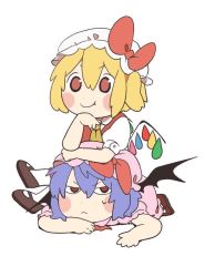 Rule 34 | 2girls, arm support, ascot, bat wings, black footwear, blue hair, blush, bow, brown eyes, brown footwear, chibi, citrus (place), collared shirt, commentary request, crossed legs, dot nose, dress, fang, flandre scarlet, frown, full body, hair between eyes, half updo, hat, hat bow, lying, mary janes, medium hair, mob cap, multiple girls, on stomach, pink dress, pink headwear, red ascot, red eyes, red vest, remilia scarlet, shirt, shoes, short eyebrows, short hair, short sleeves, siblings, side ponytail, simple background, sisters, sitting, sitting on person, smile, socks, sweatdrop, touhou, vest, white background, white headwear, white legwear, white shirt, wings, yellow ascot