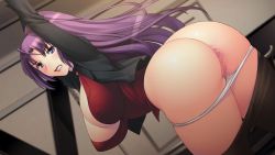 Rule 34 | 1girl, arms up, ass, blue eyes, blush, breasts, censored, cleavage, clenched teeth, game cg, huge breasts, jacket, lips, lipstick, long hair, looking at viewer, makeup, mangusta: chijoku fuuki iinkai, open mouth, panties, panty pull, pantyhose, ponytail, purple hair, pussy, shouma aisa, standing, takahashi record, teeth, underwear