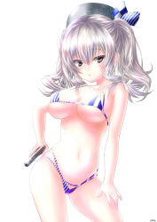 Rule 34 | 1girl, bikini, blue eyes, breasts, cleavage, commentary request, cowboy shot, day, gun, handgun, highres, kantai collection, kashima (kancolle), kurimuzon, large breasts, long hair, looking at viewer, pistol, pocket pistol, sidelocks, silver hair, simple background, sky, solo, striped bikini, striped clothes, swimsuit, twintails, walther, walther ppk, wavy hair, weapon, white background