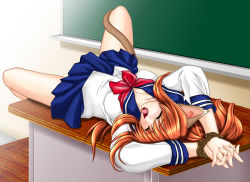 Rule 34 | 1girl, animal ears, arms up, bdsm, bondage, bound, breasts, cat ears, cat tail, chalkboard, classroom, cleavage, closed eyes, desk, highres, in heat, indoors, long hair, lying, open mouth, orange hair, own hands together, red hair, rope, school, school uniform, serafuku, skirt, small breasts, solo, spread legs, tail, tail wrap, tomoya kankurou, tongue, tongue out, uniform