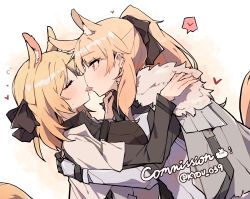 Rule 34 | 2girls, animal ear fluff, animal ears, arknights, armor, aunt and niece, black bow, black shirt, blemishine (arknights), blonde hair, blush, bow, closed eyes, commission, dutch angle, extra ears, french kiss, fur-trimmed armor, fur trim, gloves, hair bow, hands on another&#039;s shoulders, heart, highres, horse ears, horse girl, horse tail, incest, jacket, kiss, kyou 039, long sleeves, multiple girls, noses touching, ponytail, saliva, shirt, spoken heart, sweatdrop, tail, tongue, tongue out, twitter username, upper body, whislash (arknights), white jacket, yellow eyes, yuri