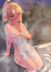 Rule 34 | 1girl, arm support, bath, berotore, blonde hair, blush, breasts, cleavage, closed mouth, covering privates, covering breasts, dark-skinned female, dark elf, dark skin, elf, embarrassed, feet out of frame, high ponytail, highres, holding, holding towel, hololive, large breasts, long hair, looking at viewer, multicolored hair, narrow waist, nude, nude cover, onsen, orange eyes, pointy ears, see-through, shiranui flare, sitting, soaking feet, solo, streaked hair, sweat, towel, virtual youtuber, wet towel, white towel, wide hips