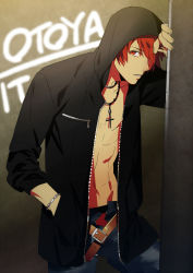 Rule 34 | 10s, 1boy, artist request, belt, bracelet, character name, cross, cross necklace, gradient background, hand in pocket, highres, hood, hoodie, ittoki otoya, jacket, jewelry, male focus, navel, necklace, open clothes, open jacket, red eyes, red hair, short hair, solo, uta no prince-sama