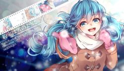 Rule 34 | 1girl, aqua eyes, aqua hair, artist name, coat, copyright name, hatsune miku, long hair, looking at viewer, mittens, nou (nounknown), open mouth, outstretched arm, scarf, solo, vocaloid