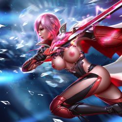 Rule 34 | 1girl, absurdres, armor, boobplate, boots, breastplate, breasts, cape, crystal, final fantasy, final fantasy xiii, gloves, glowing, glowing weapon, highres, knee pads, large breasts, liang xing, lightning farron, lightning returns: final fantasy xiii, looking to the side, medium breasts, nipples, pink hair, popped collar, running, shards, shield, solo, square enix, sweat, sword, thigh boots, thighhighs, weapon