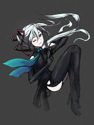 Rule 34 | 1girl, alternate costume, alternate hairstyle, aqua eyes, boots, hatsune miku, kazuoki, necktie, one eye closed, solo, thigh boots, thighhighs, twintails, vocaloid, white hair, wink