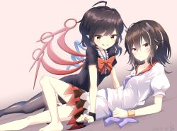 Rule 34 | 2girls, ahoge, arm support, asymmetrical wings, barefoot, beige background, black dress, black hair, black legwear, blue neckwear, blue sash, blue wings, blush, bow, bowtie, bracelet, breasts, center frills, collarbone, commentary, cone horns, dated, dress, feet out of frame, frills, gradient background, grey horns, grin, hair between eyes, highres, horns, houjuu nue, jewelry, kijin seija, kisamu (ksmz), knee up, looking at viewer, lying, medium breasts, medium hair, multicolored hair, multiple girls, on back, pointy ears, puffy short sleeves, puffy sleeves, red bow, red bowtie, red eyes, red hair, red sailor collar, red wings, sailor collar, sash, short dress, short hair, short sleeves, signature, smile, streaked hair, thighhighs, thighs, touhou, white dress, white hair, wings, wristband, zettai ryouiki