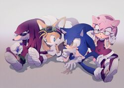 Rule 34 | 1girl, 3boys, :t, adjusting eyewear, amy rose, animal ears, animal nose, aoki (fumomo), arms at sides, bare shoulders, bespectacled, blue eyes, blue fur, blue hair, blush, body fur, breasts, chewing, covering own mouth, crossed legs, dress, eating, eye contact, eyewear on head, food, food on face, fox boy, fox ears, fox tail, fruit, full body, furry, furry female, furry male, glasses, gloves, goggles, gradient background, grapes, green-framed eyewear, green eyes, grey background, hairband, half-closed eye, hand up, hands up, heart, heart-shaped pupils, holding, holding food, holding fruit, knee up, kneeling, knuckles the echidna, legs together, light blush, long hair, looking at another, looking at viewer, looking to the side, multiple boys, multiple tails, open mouth, pince-nez, pink fur, pink hair, purple eyes, raised eyebrow, red-framed eyewear, red dress, red footwear, red fur, red hair, red hairband, rimless eyewear, shoes, short dress, short hair, sidelocks, simple background, sitting, sleeveless, sleeveless dress, small breasts, snout, socks, sonic (series), sonic the hedgehog, spiked hair, sunglasses, symbol-shaped pupils, tail, tails (sonic), two-tone fur, two tails, white fur, white gloves, white socks, wide-eyed, yellow fur