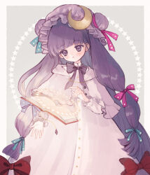 Rule 34 | 1girl, blue ribbon, blush, book, closed mouth, crescent, crescent hat ornament, dress, frilled sleeves, frills, hair ribbon, hat, hat ornament, long hair, long sleeves, mob cap, open book, patchouli knowledge, purple eyes, purple hair, purple hat, red ribbon, ribbon, solo, star (symbol), touhou, white dress, yujup