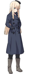 Rule 34 | 1girl, beret, black pantyhose, blonde hair, blue eyes, blunt bangs, blush, boots, buttons, closed mouth, coat, double-breasted, fate/grand order, fate (series), full body, gloves, hands in pockets, hat, knee boots, long hair, long sleeves, looking at viewer, lord el-melloi ii case files, pantyhose, reines el-melloi archisorte, shiseki hirame, simple background, smile, solo, standing, white background