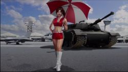 Rule 34 | 1girl, bare shoulders, blue eyes, boots, breasts, brown hair, capcom, claire redfield, cleavage, crop top, hand on own hip, high heel boots, high heels, highres, holding, holding umbrella, legs, midriff, military, military vehicle, motor vehicle, navel, ponytail, race queen, resident evil, resident evil - code: veronica, shorts, sleeveless, sunglasses, sunglasses on head, tank, umbrella