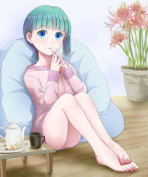 Rule 34 | 1girl, alternate costume, asymmetrical hair, barefoot, bean bag chair, blue eyes, blush, breasts, commentary request, cup, flower, full body, green hair, highres, kisaragi koushi, long sleeves, looking at viewer, no headwear, panties, pantyshot, parted lips, pink sweater, plant, ponytail, potted plant, red flower, shiki eiki, short hair, sitting, small breasts, smile, solo, spider lily, sweater, teapot, touhou, tray, underwear, white panties, wooden floor
